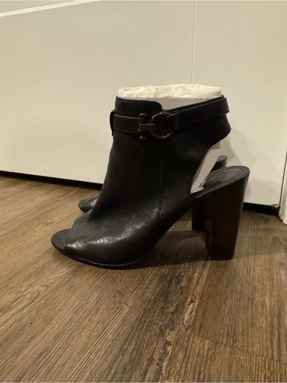 Coach Black Leather Open-Toe Ankle Booties with Buckle